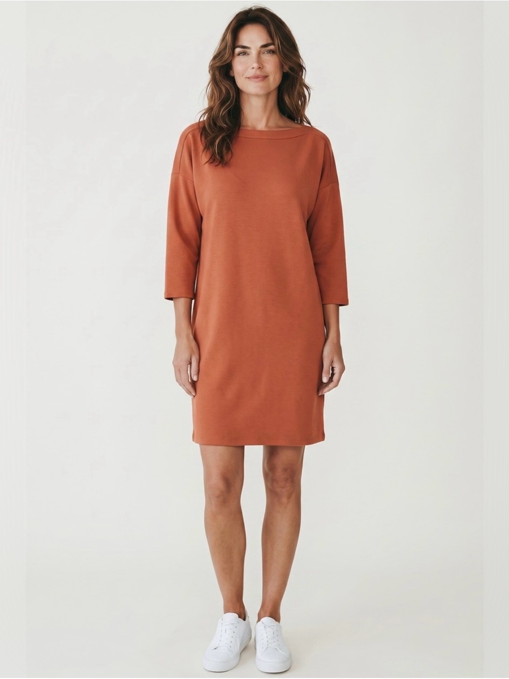 For Cynthia 3/4 Sleeve Boat Neck Scuba Dress // Burnt Orange // Large